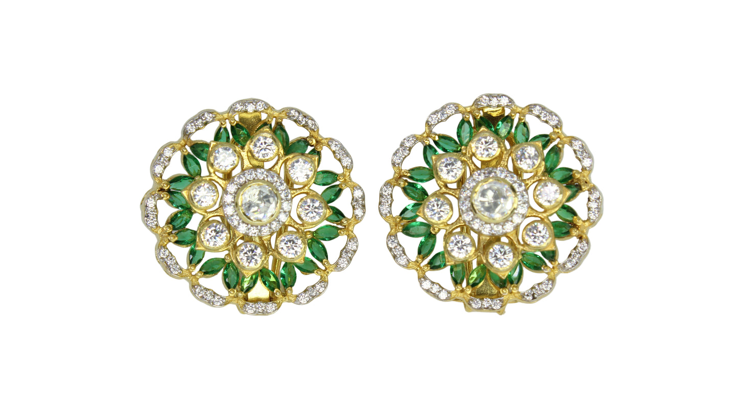 Floral Green Kundan Silver Studs
