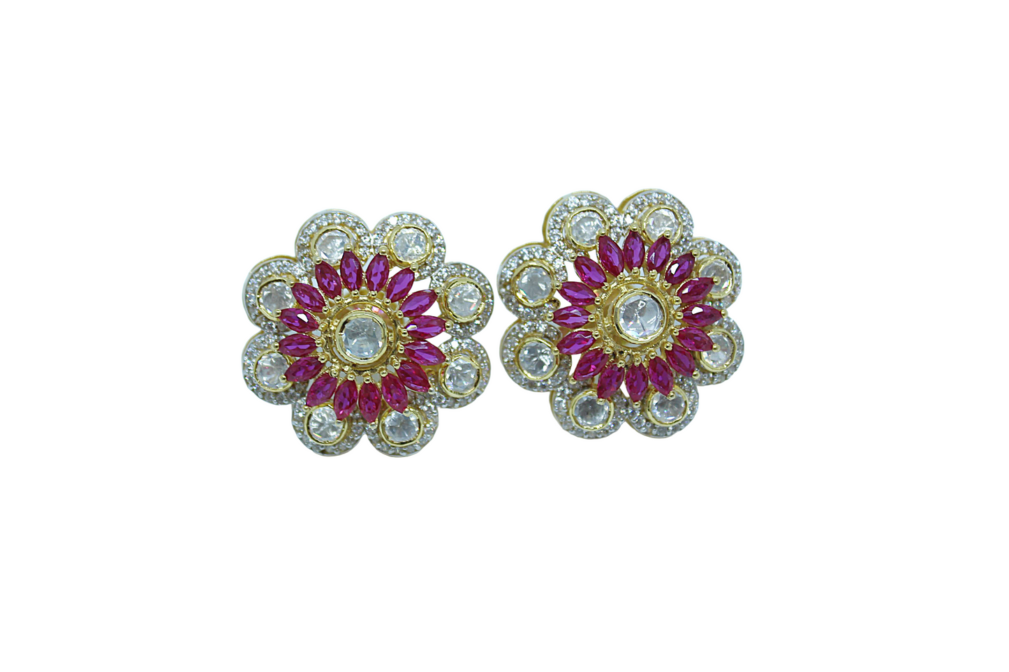 Kundan & Ruby Floral Silver Stud Earrings