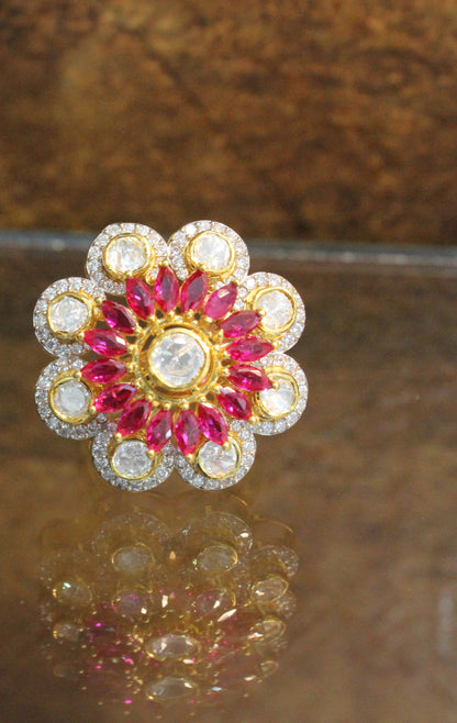 Red Flower Silver Ring