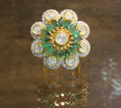 Green Flower Silver Ring