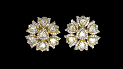 Lotus-Style Kundan Stud Silver Earrings