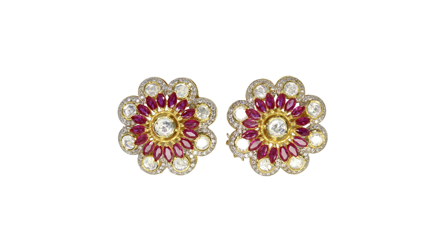 Kundan & Ruby Floral Silver Stud Earrings