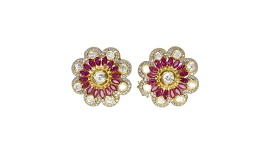 Kundan & Ruby Floral Silver Stud Earrings