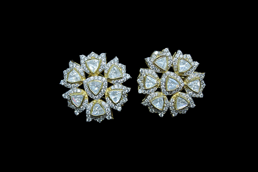 Lotus-Style Kundan Stud Silver Earrings