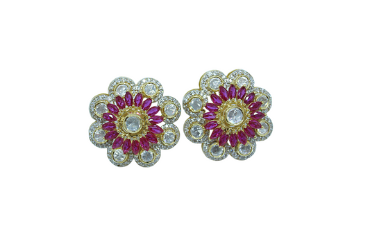 Kundan & Ruby Floral Silver Stud Earrings